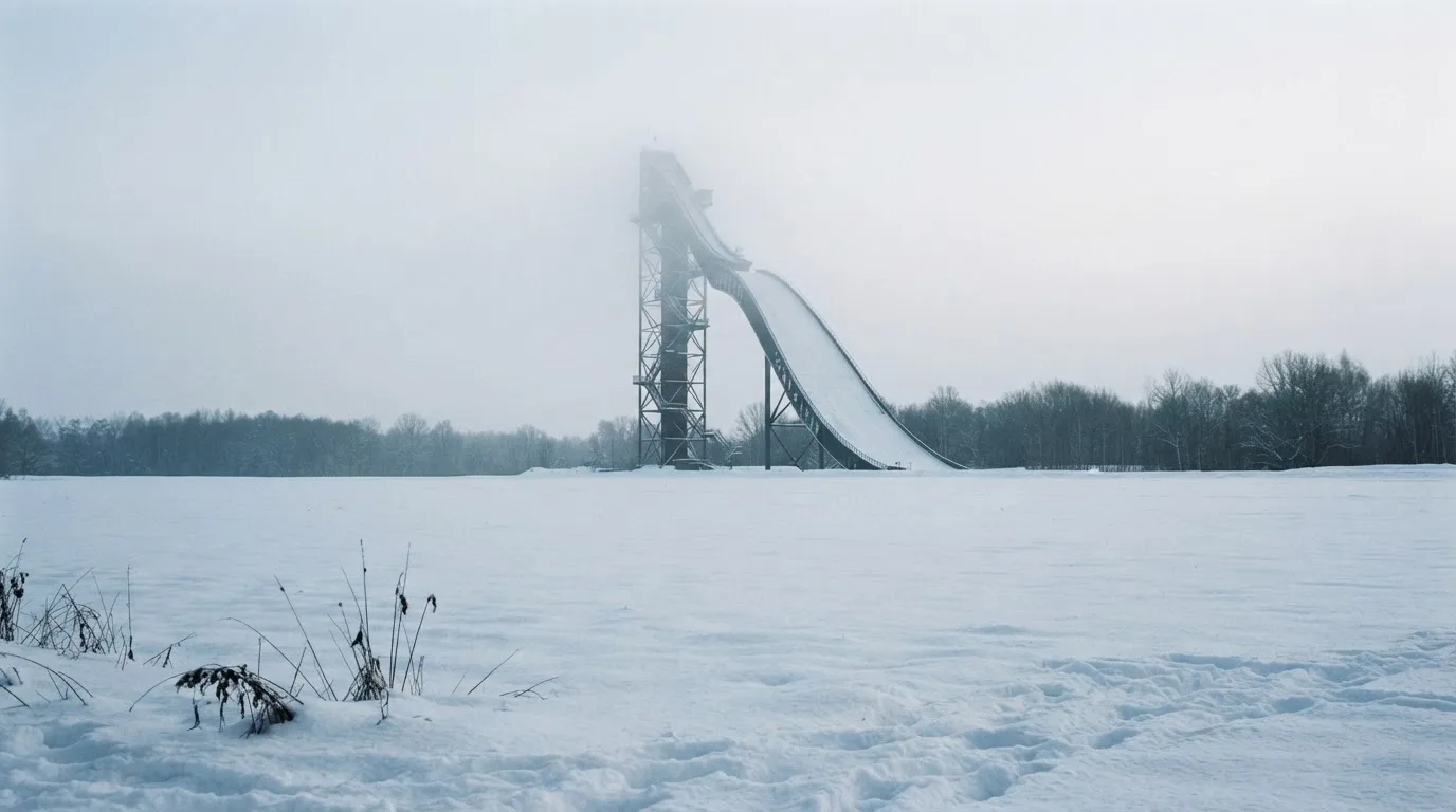 Eine Skisprungschanze ragt aus der Ferne gesehen in den Morgennebel, davor ein verschneites Feld.