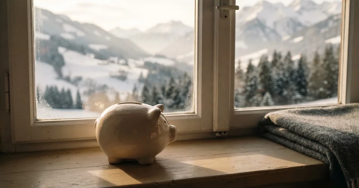 Eine leere Sparbüchse aus Keramik steht auf einem Fensterbrett, draussen liegt eine verschneite Landschaft im Gegenlicht.
