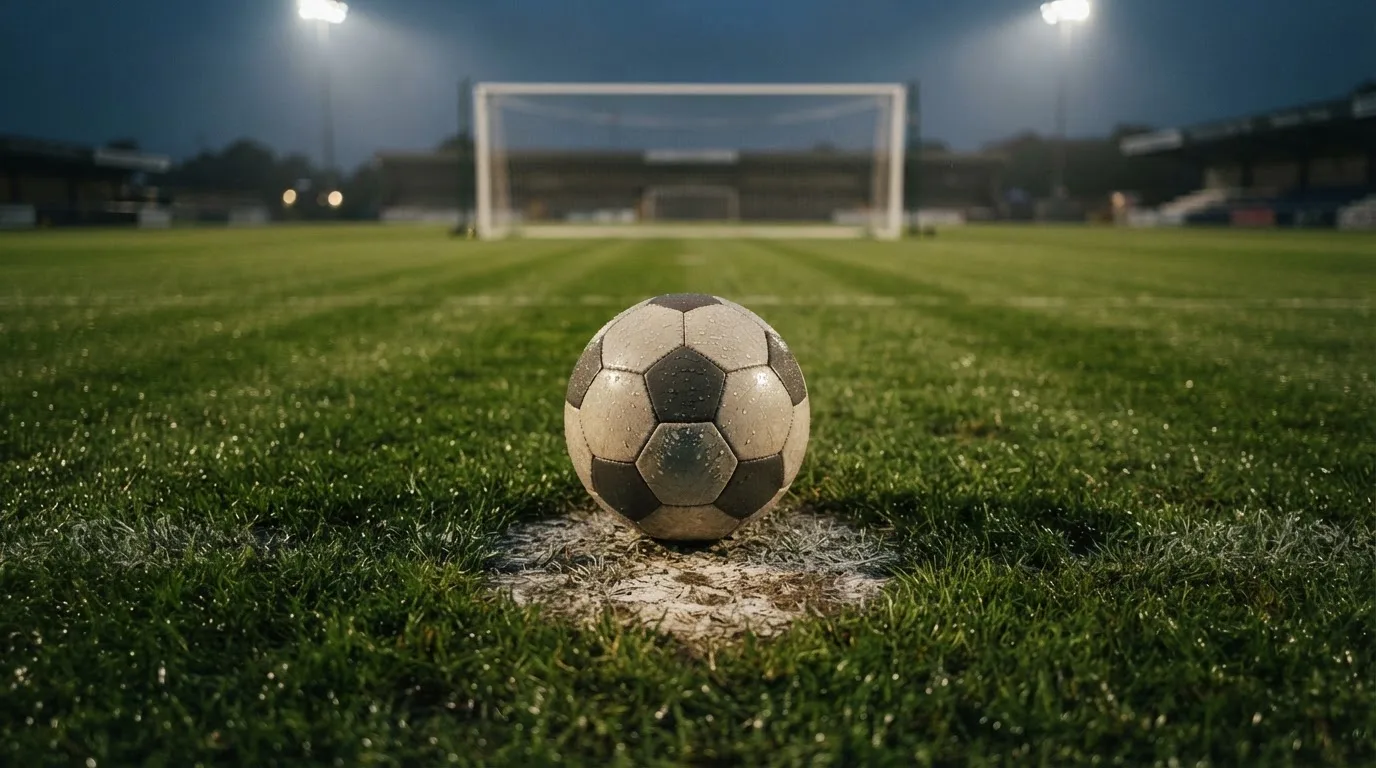Ein einzelner Fussball liegt auf dem Elfmeterpunkt eines leeren Strafraums, der Rasen glänzt nass.