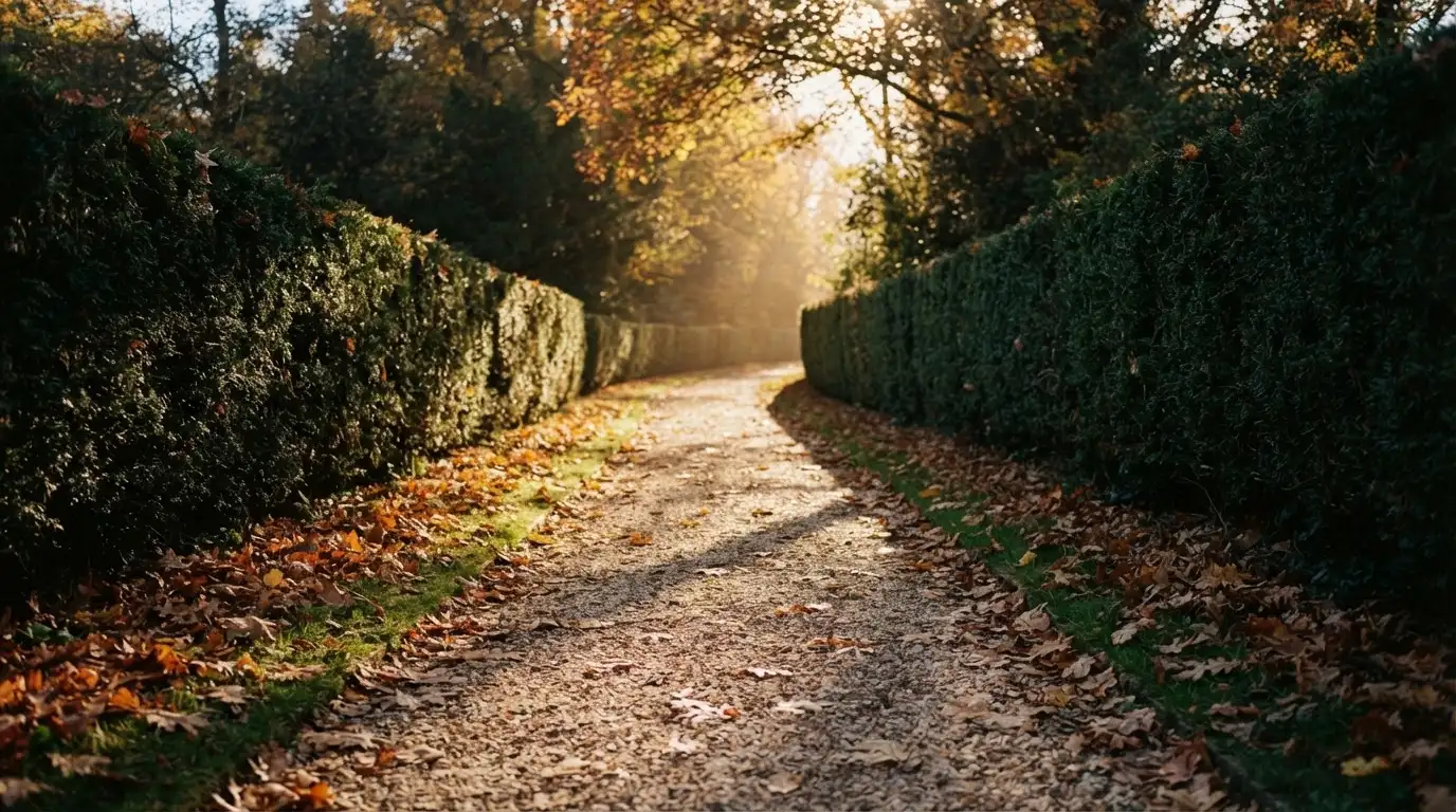 Ein schmaler Kiesweg führt zwischen zwei Hecken durch einen Park, auf dem Weg liegt Herbstlaub.