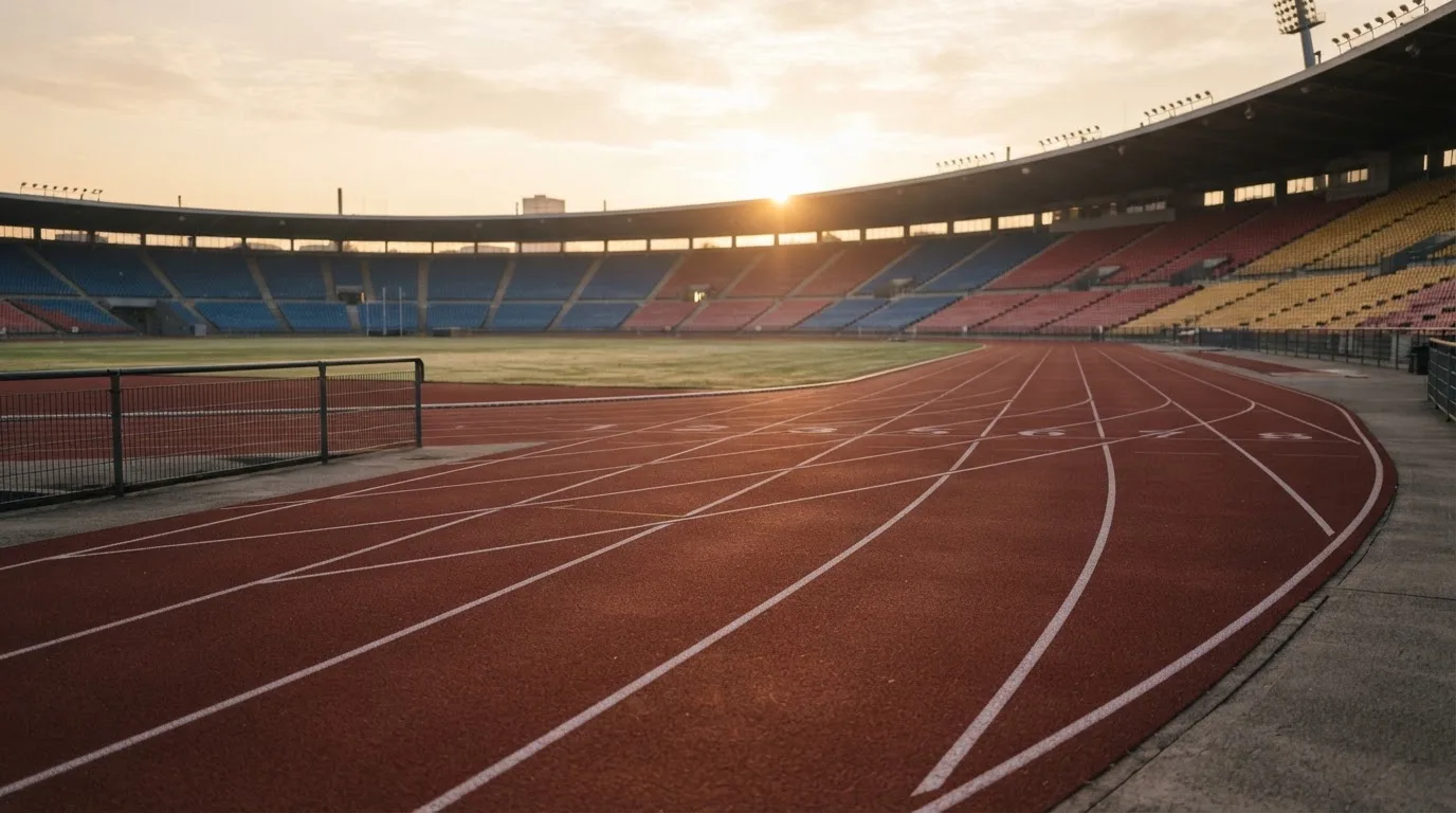 Eine rote Laufbahn in einem leeren Stadion bei Sonnenaufgang, die Bahnen ziehen sich in die Kurve.