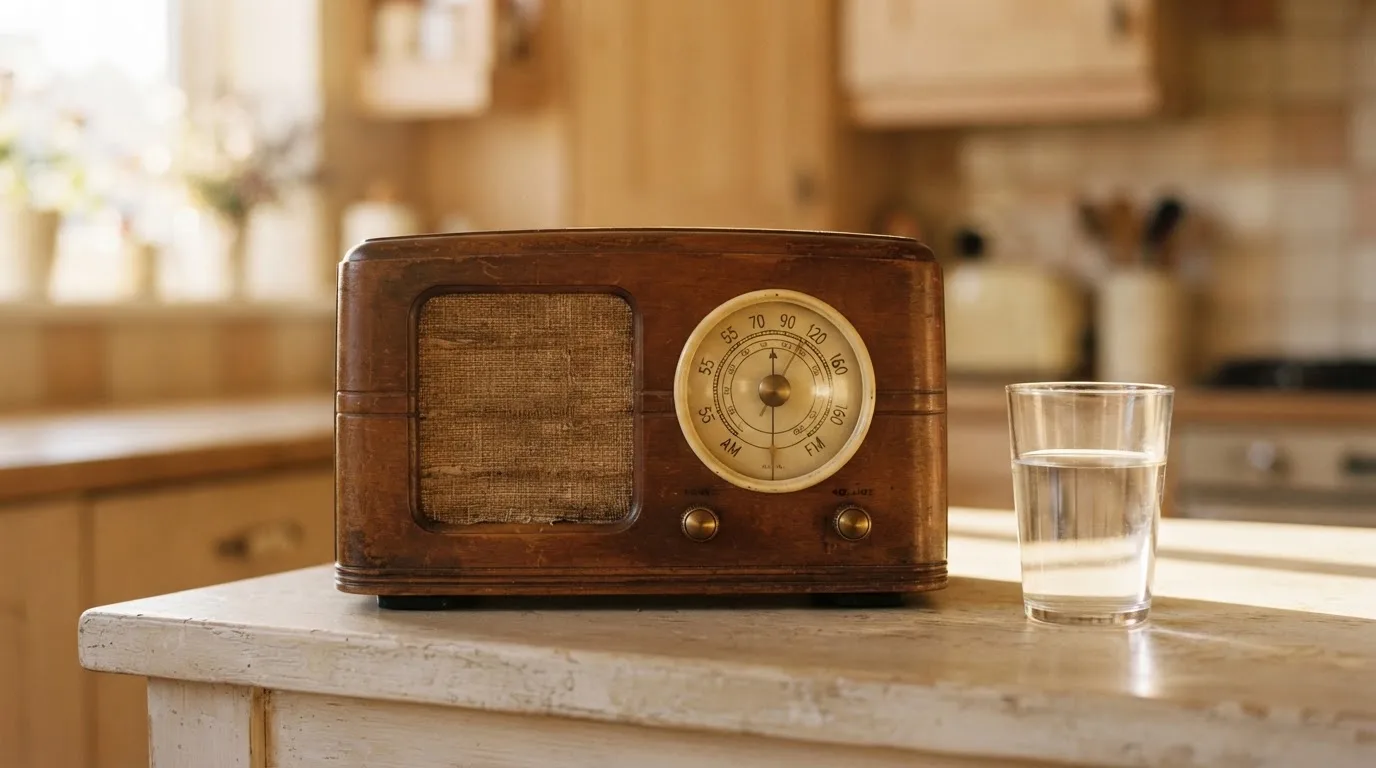 Ein altes Radio steht auf einer Küchenablage neben einem Glas Wasser, Morgenlicht fällt durchs Fenster.