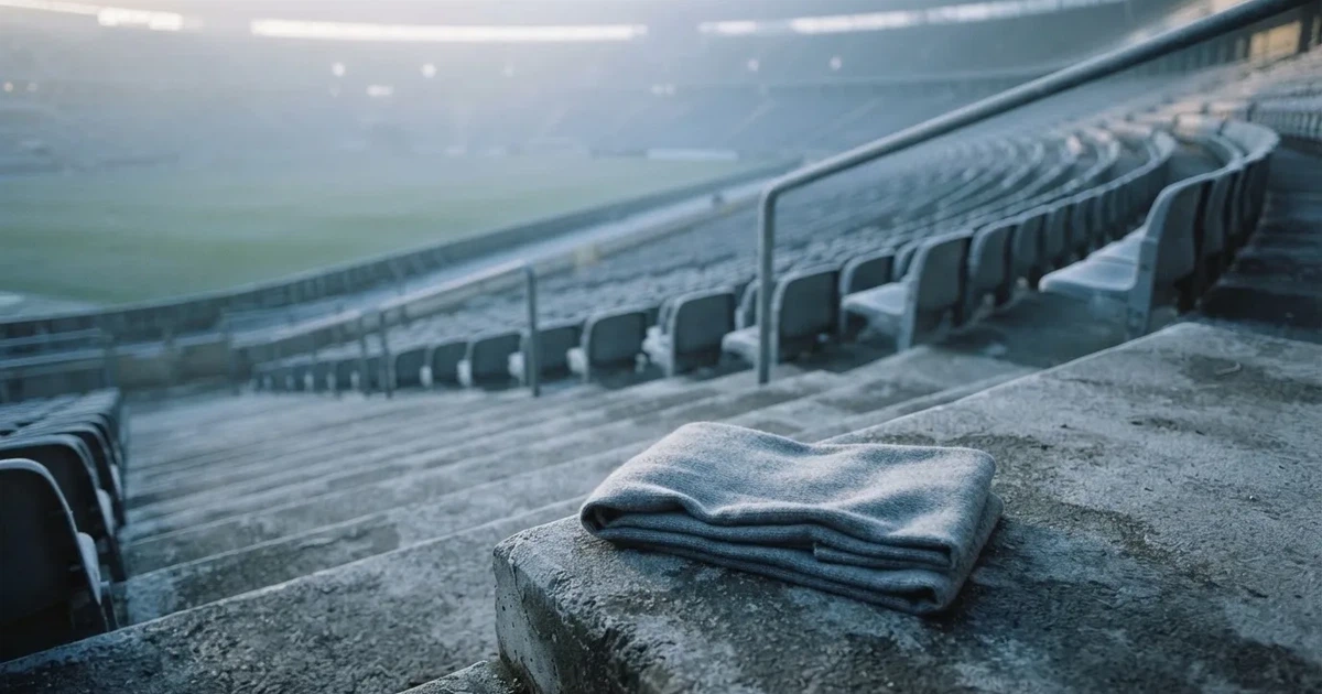 Ein einfarbiger grauer Schal liegt auf einer leeren Betontribüne, Raureif auf den Sitzen, kühles Morgenlicht über dem Stadion