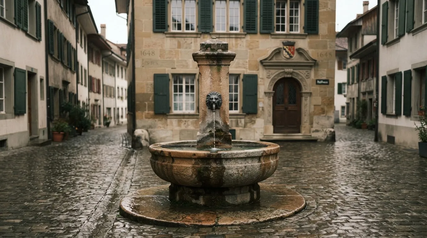Ein Brunnen vor einer Sandsteinfassade in einer Altstadtgasse, nasses Kopfsteinpflaster und gedämpftes Licht eines bewölkten Morgens