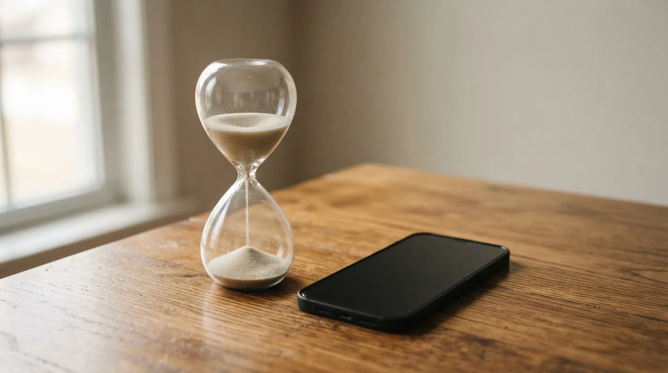 Eine Sanduhr steht neben einem Smartphone mit dunklem Display auf einem Holztisch, ruhiges Tageslicht fällt von der Seite ein