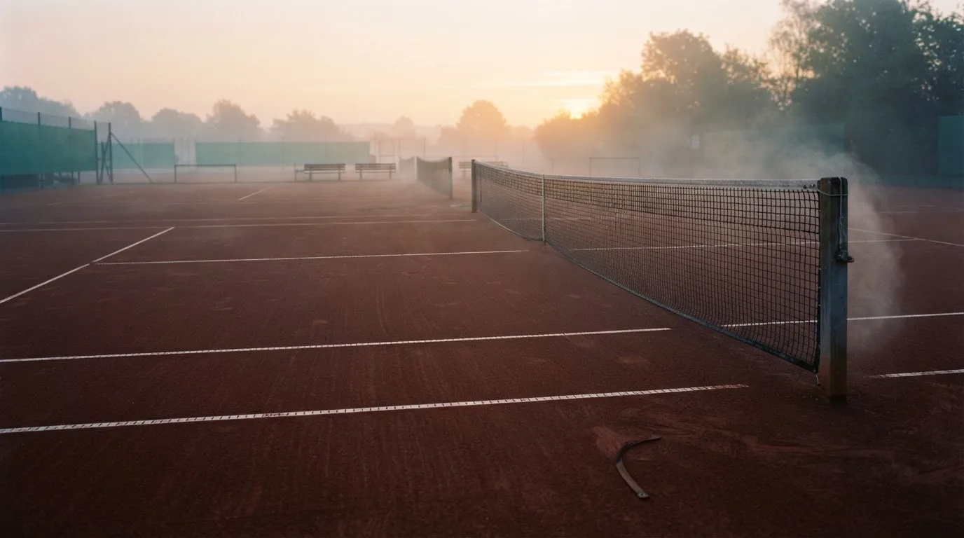 Ein Tennisplatz mit Sandbelag in der Morgendämmerung, Netz und Linien liegen im ersten Licht, Nebel hängt über dem Boden