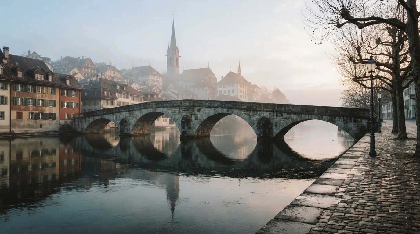 Eine steinerne Brücke über einen Fluss in einer Kleinstadt am frühen Morgen, Nebel zieht zwischen den Dächern hindurch
