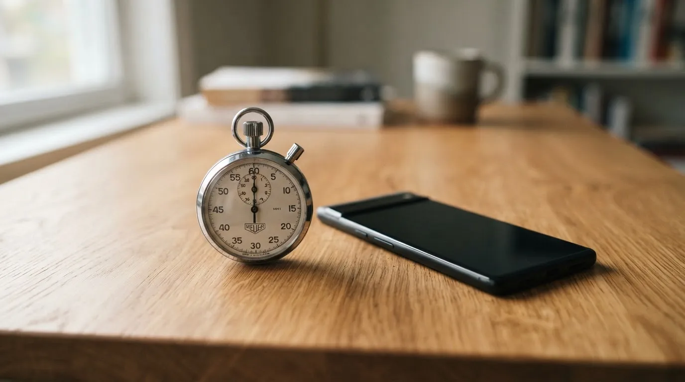Eine Stoppuhr und ein Smartphone mit dunklem Display liegen nebeneinander auf einem Holztisch, weiches Fensterlicht