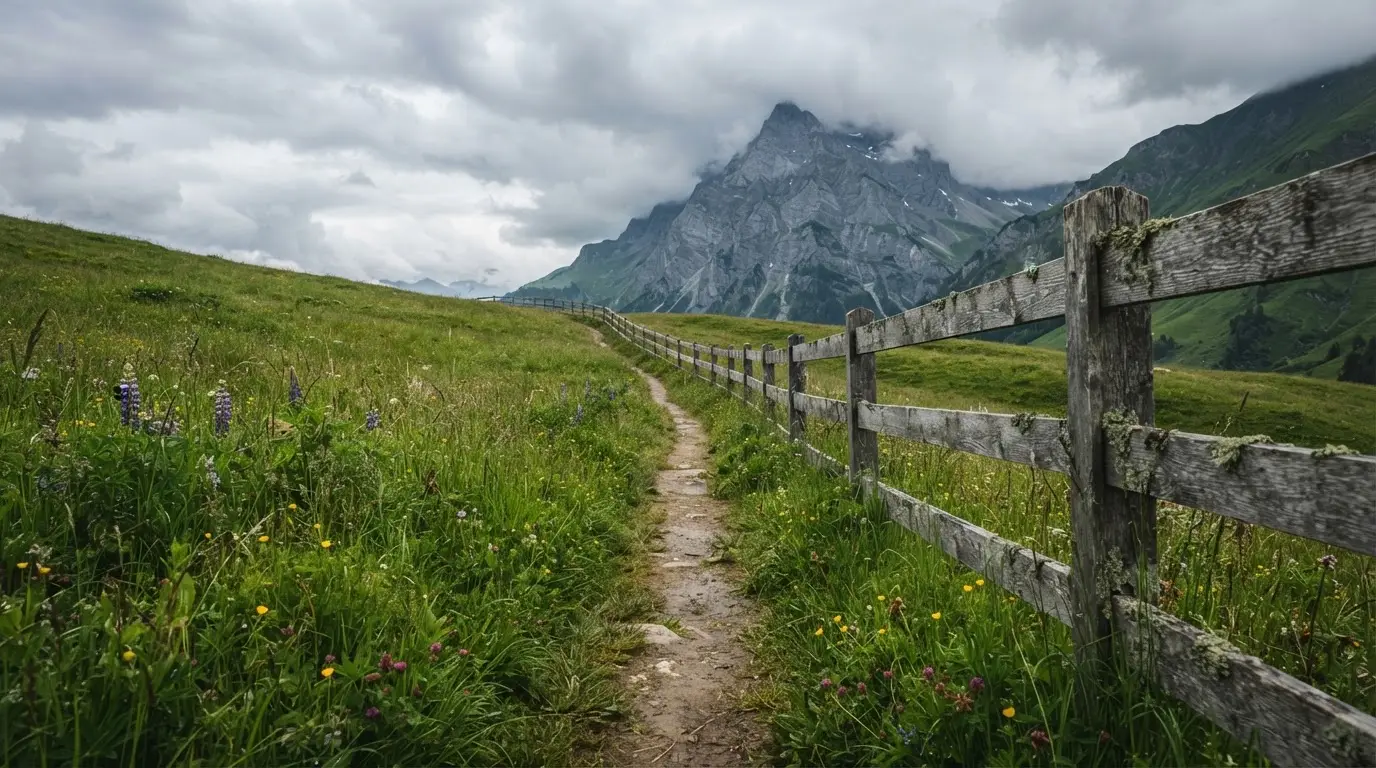 Ein Feldweg führt durch eine Alpwiese mit Holzzaun, im Hintergrund hängen Wolken über einem felsigen Gipfel