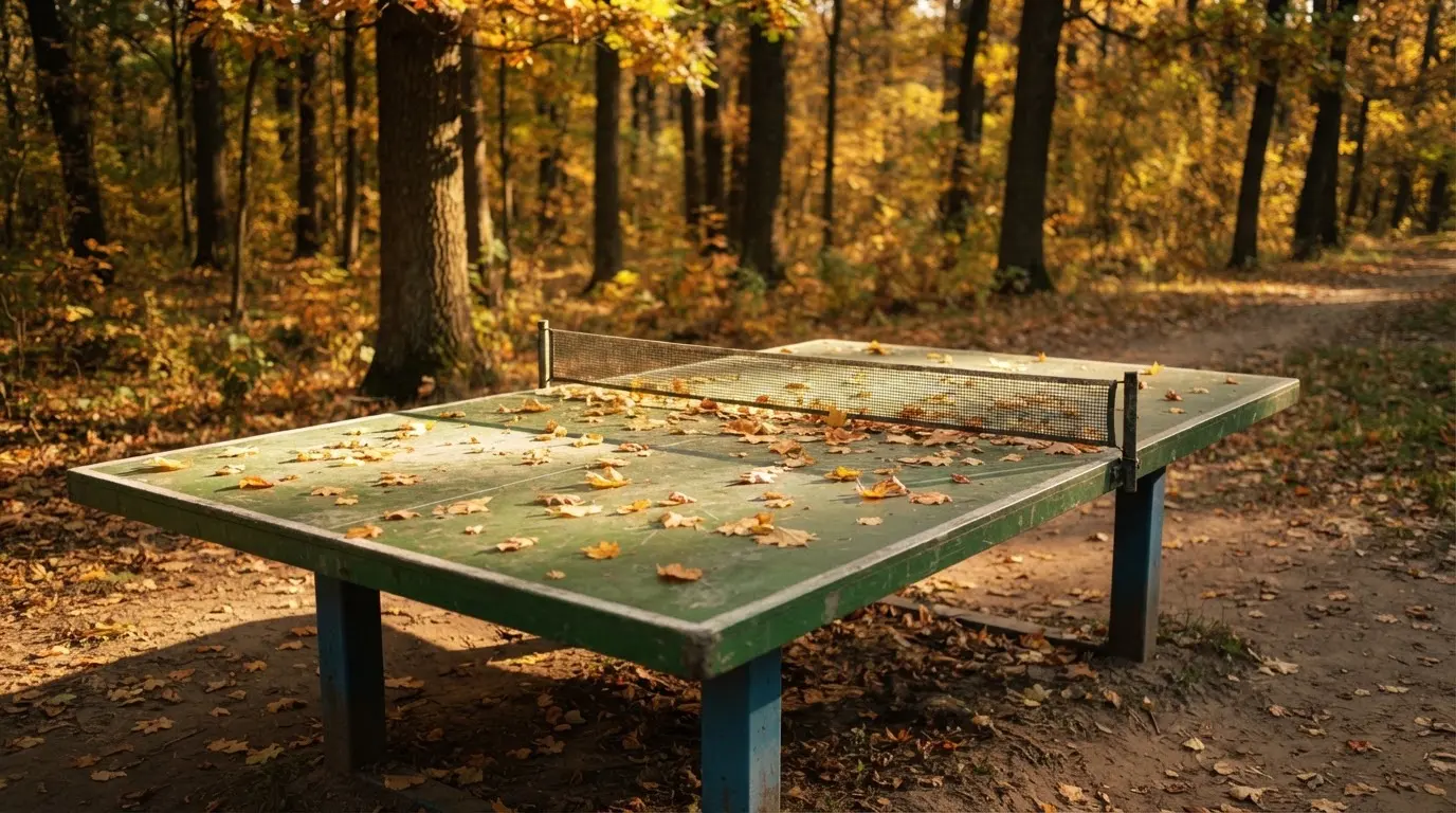 Eine Tischtennisplatte im Freien unter Bäumen, Herbstlaub liegt auf der Platte, das Licht fällt schräg durch die Äste