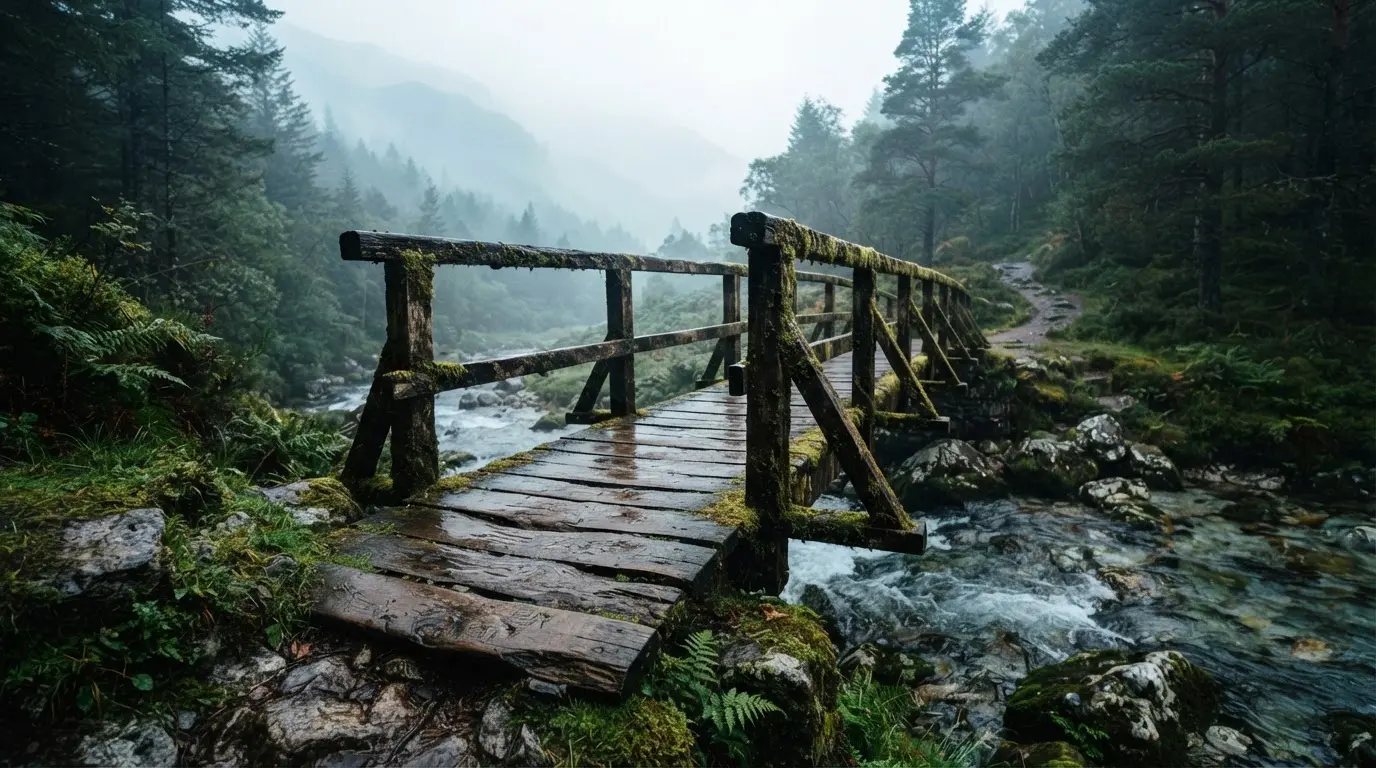 Eine alte Holzbrücke über einen Gebirgsbach, Moos auf den Steinen, Nebelschwaden hängen im Tal