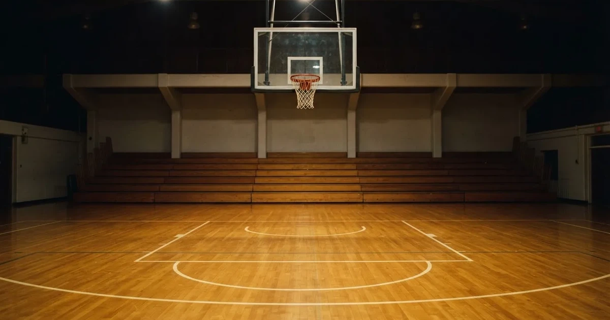 Ein Basketballkorb in einer leeren Halle, der Parkettboden glänzt im Licht der Deckenlampen