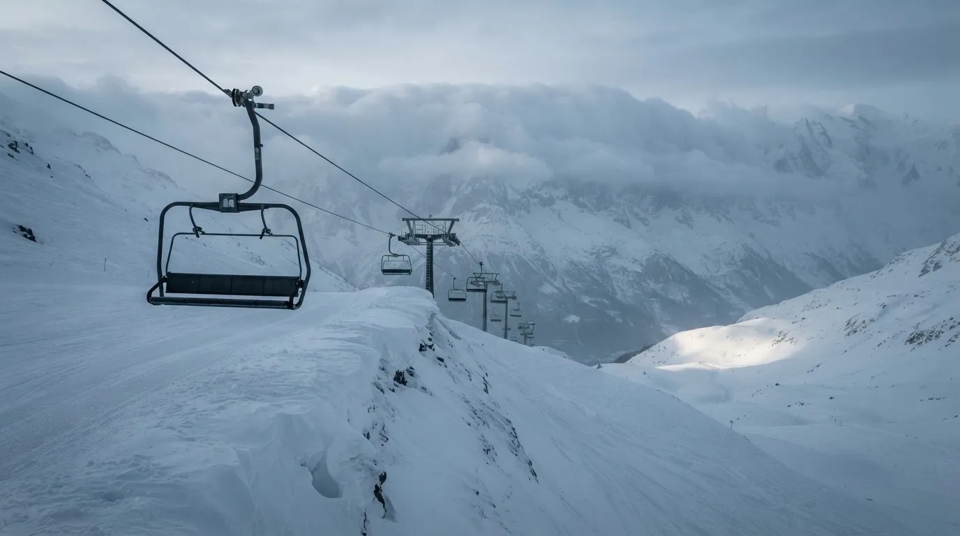 Ein Sessel eines Skilifts schwebt über einer verschneiten Hangkante, dahinter ziehen graue Wolken auf