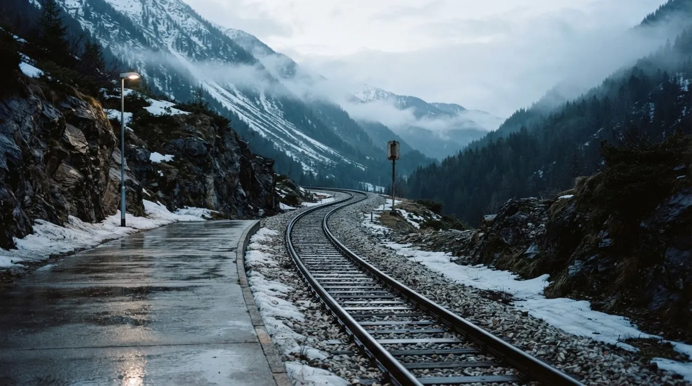 Ein Bahngleis in den Bergen mit Schneeresten und einem leeren Perron im Morgengrauen