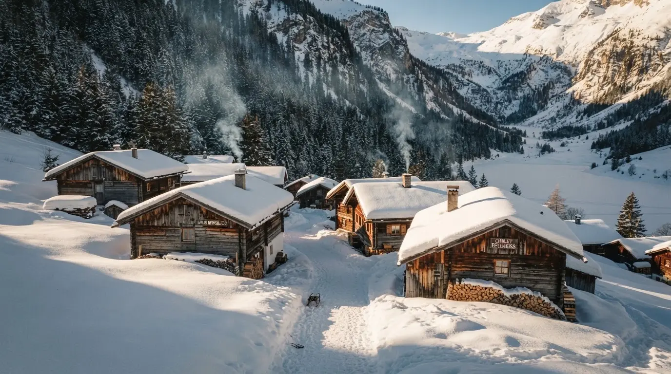 Ein Bergdorf mit Holzhäusern im Schnee, Rauch steigt aus einem Kamin, später Nachmittag mit tiefem Licht