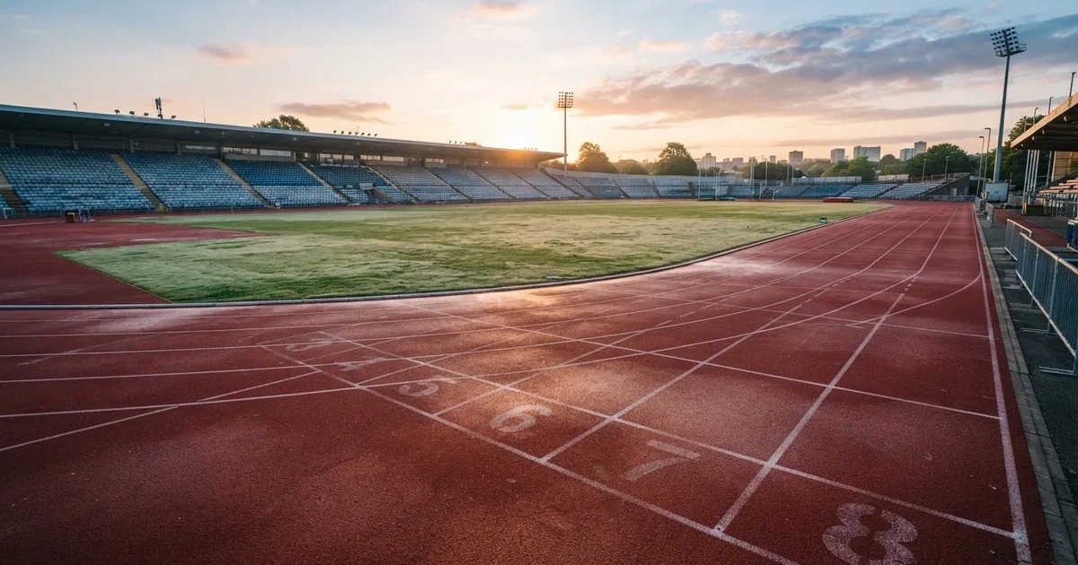 Eine rote Laufbahn in einem leeren Leichtathletikstadion, Morgentau liegt auf dem Rasen in der Mitte