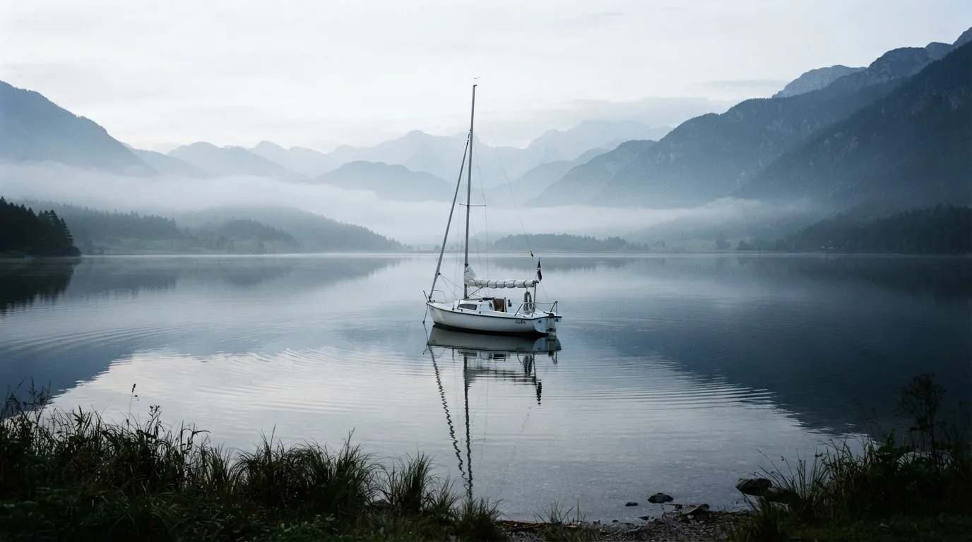 Ein kleines Segelboot auf einem ruhigen Bergsee, Nebel liegt am Ufer, die Berge verschwinden im Dunst