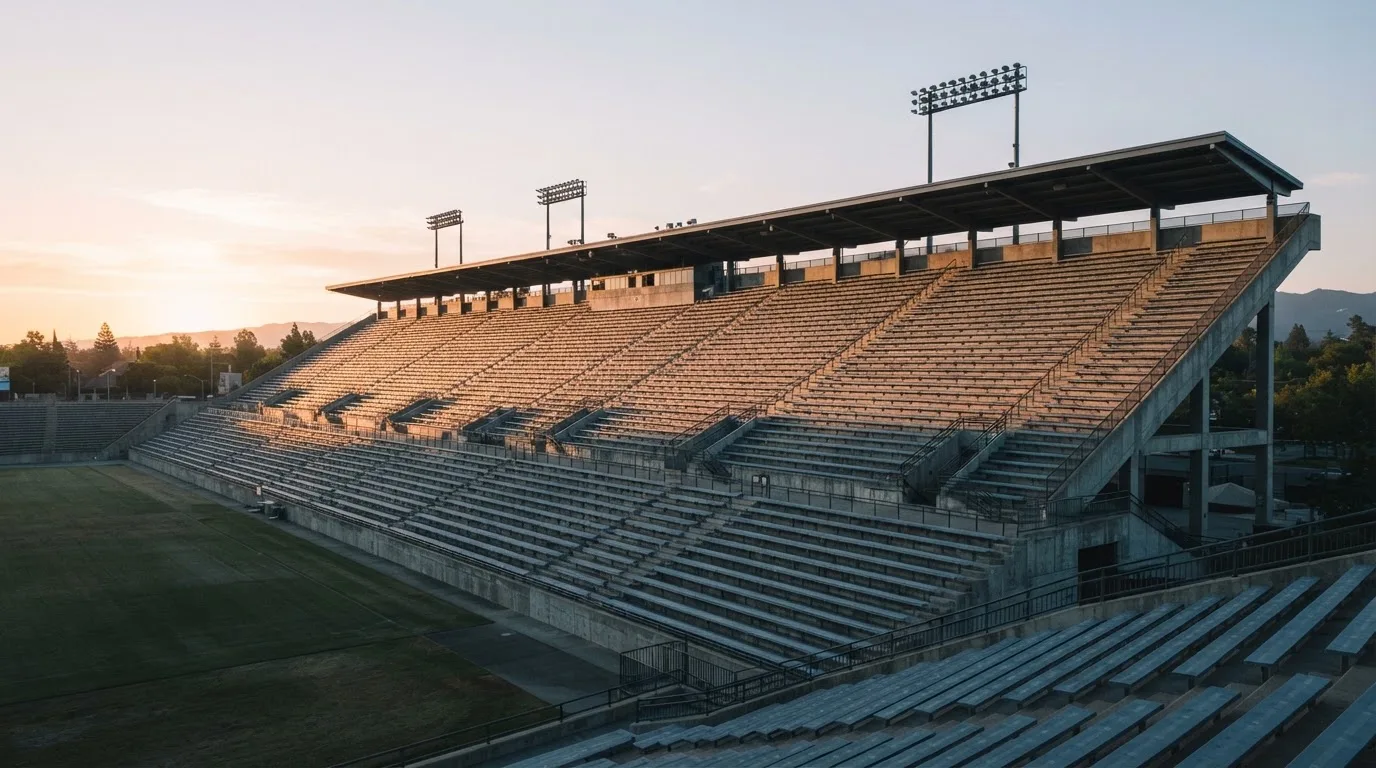 Eine leere Stadiontribüne bei Sonnenaufgang aus der Ferne, lange Schatten fallen über die Sitzreihen