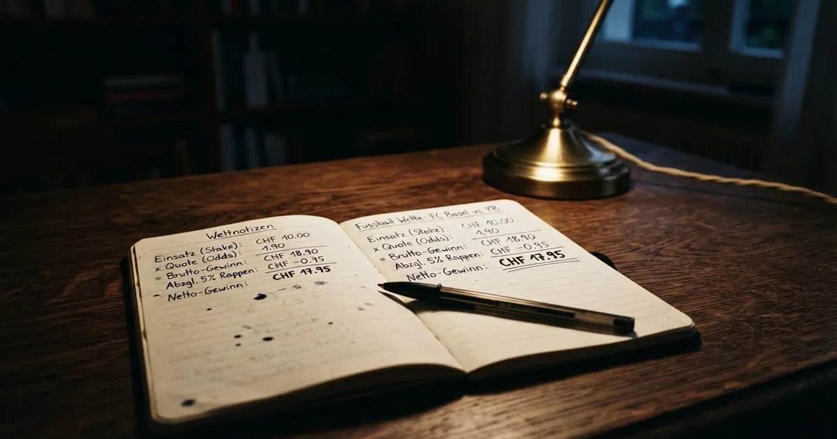 Ein Notizbuch mit handschriftlichen Spalten und ein Kugelschreiber neben einem Taschenrechner, Licht einer Schreibtischlampe