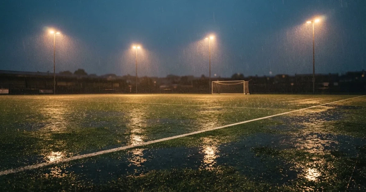 Ein Fussballplatz mit Kunstrasen im Regen, Pfützen spiegeln das Licht der Flutlichtmasten