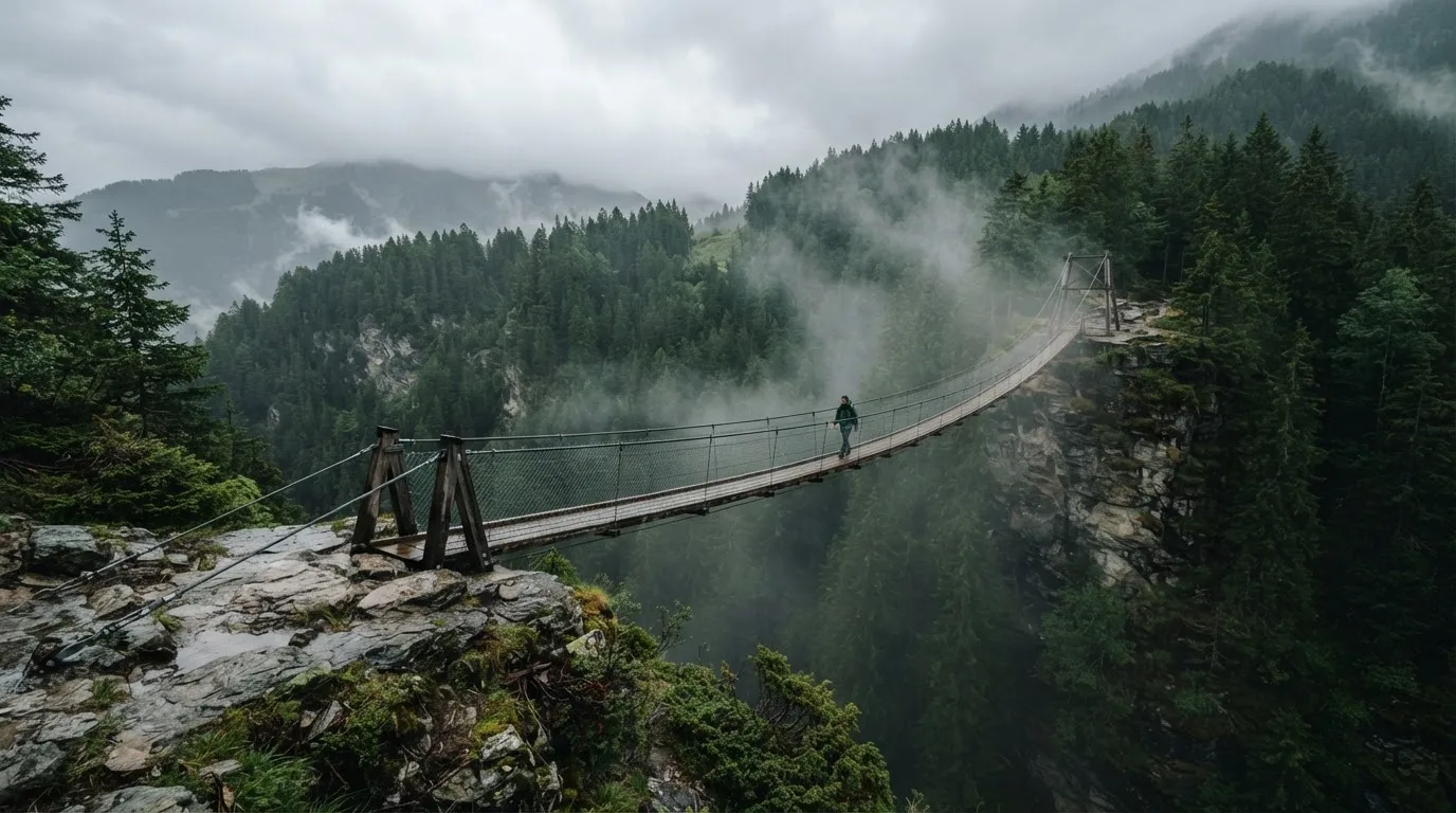 Eine Hängebrücke über eine Schlucht, Nebel steigt auf, dichter Wald bedeckt die steilen Hänge