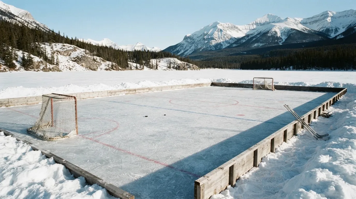Ein Eishockeyfeld im Freien auf einem zugefrorenen See, Schneewehen an den Banden, klare Winterluft