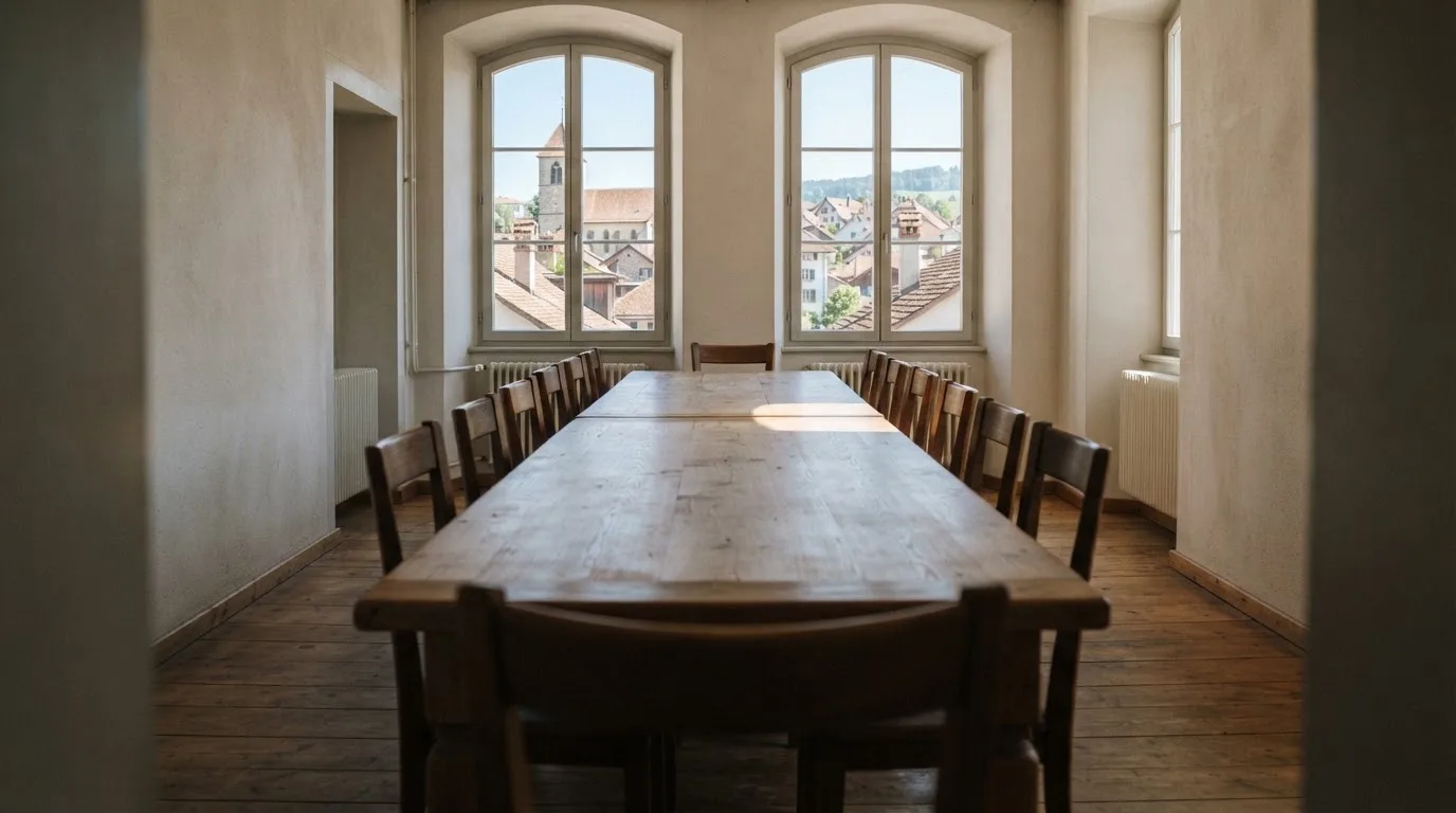 Ein langer Holztisch mit leeren Stühlen in einem hellen Raum, die Fenster geben den Blick auf Dächer frei