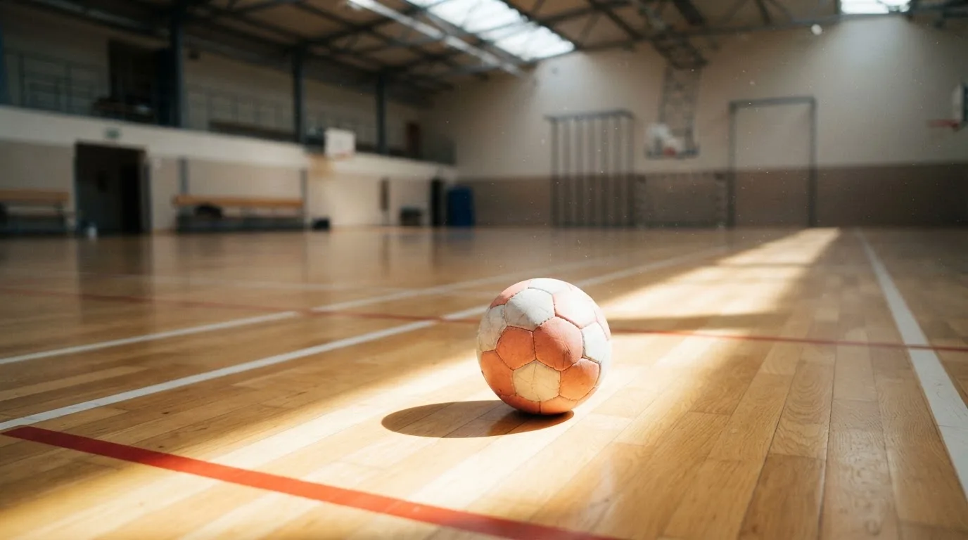 Ein Handball liegt auf dem Hallenboden einer leeren Sporthalle, Streifen von Licht aus den Oberlichtern