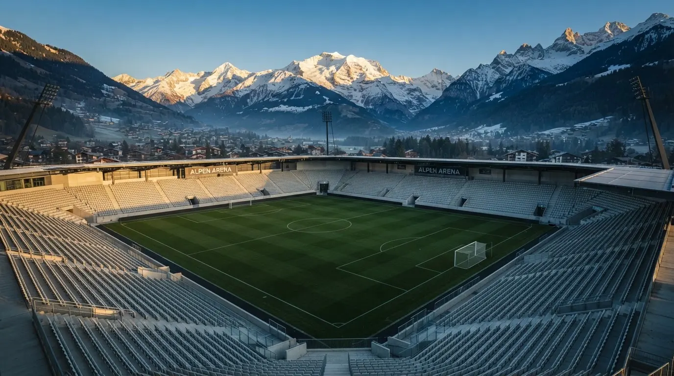 Schneebedeckte Berggipfel erheben sich im klaren Morgenlicht hinter einem leeren Stadion mit hellen Zuschauerrängen.