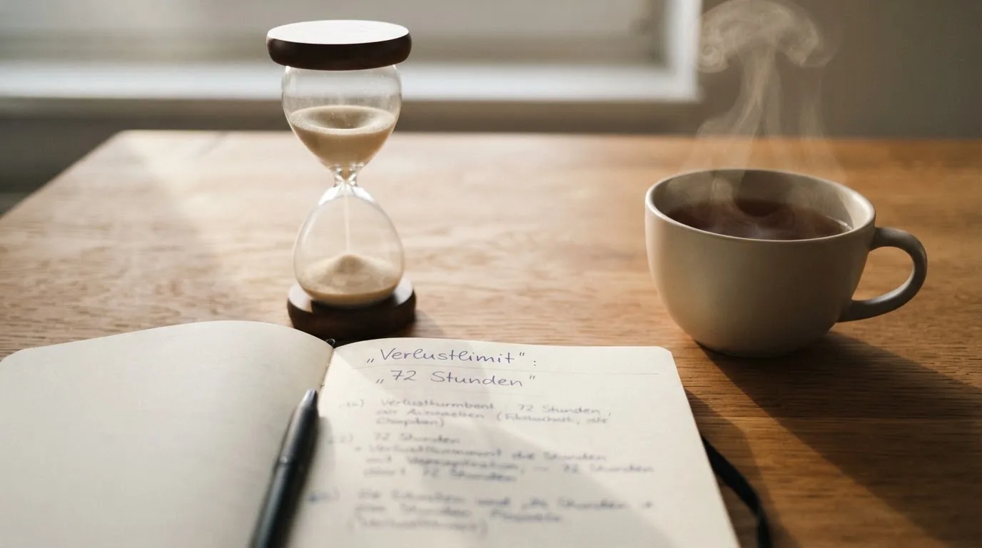 Eine Sanduhr steht neben einem Notizbuch mit handschriftlichen Notizen auf einem Holztisch, daneben dampft eine Tasse Tee.