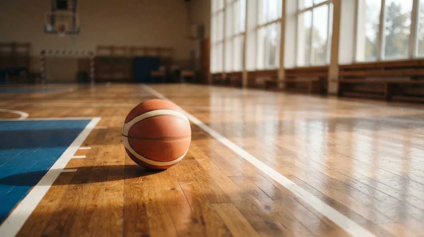 Ein Basketball ruht auf dem polierten Parkett einer leeren Halle, Nachmittagslicht fällt durch hohe Fenster.