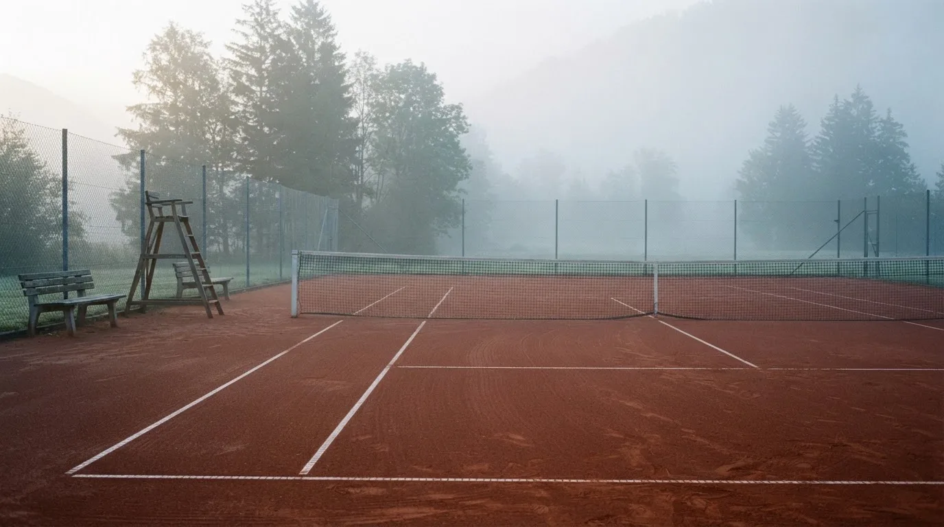 Ein gepflegter Tennisplatz im Morgengrauen, über der Grundlinie hängt leichter Nebel und die Bänke am Rand sind leer.