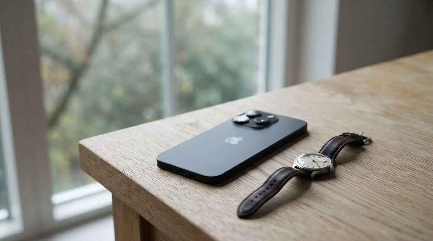 Ein Smartphone liegt mit dem Display nach unten auf einem Tisch neben einer Armbanduhr, im Hintergrund ein unscharfes Fenster.