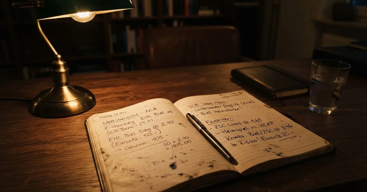 Eine Schreibtischlampe beleuchtet am späten Abend einen Block mit handschriftlichen Notizen und einen Stift.