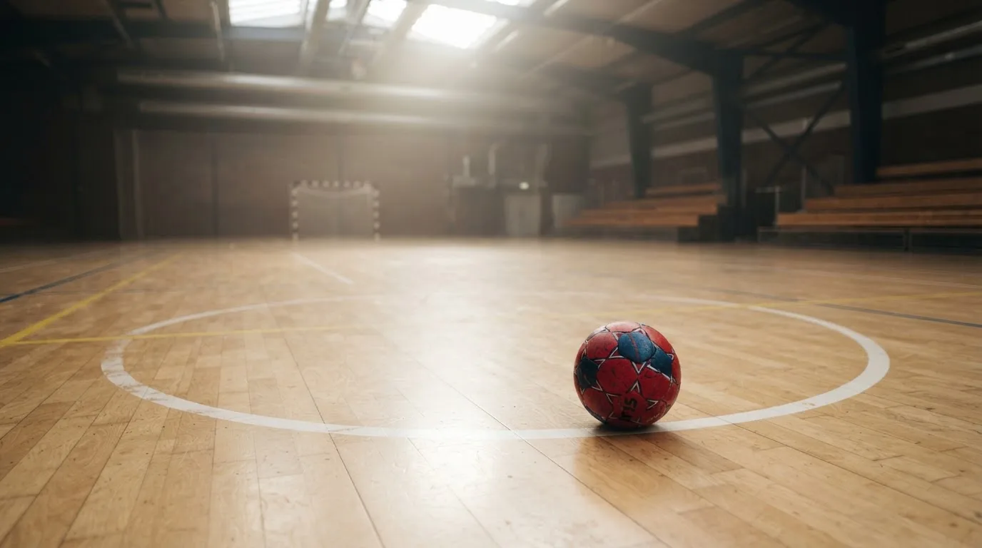Ein Handball liegt am Rand des Torraums in einer leeren Sporthalle, Licht fällt durch Oberlichter auf den Hallenboden.