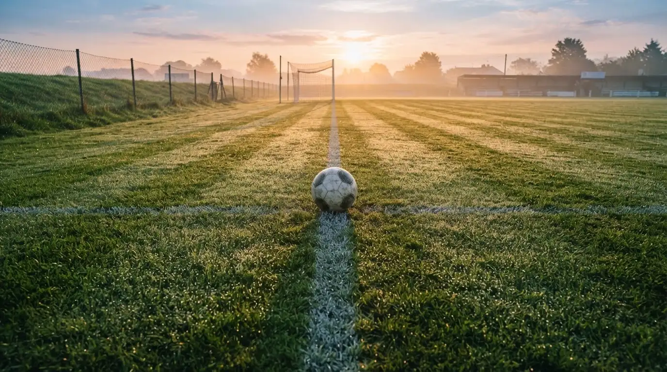 Ein Rasenspielfeld bei Sonnenaufgang, die Mittellinie verläuft quer durchs Bild und Tau glitzert auf dem Gras.