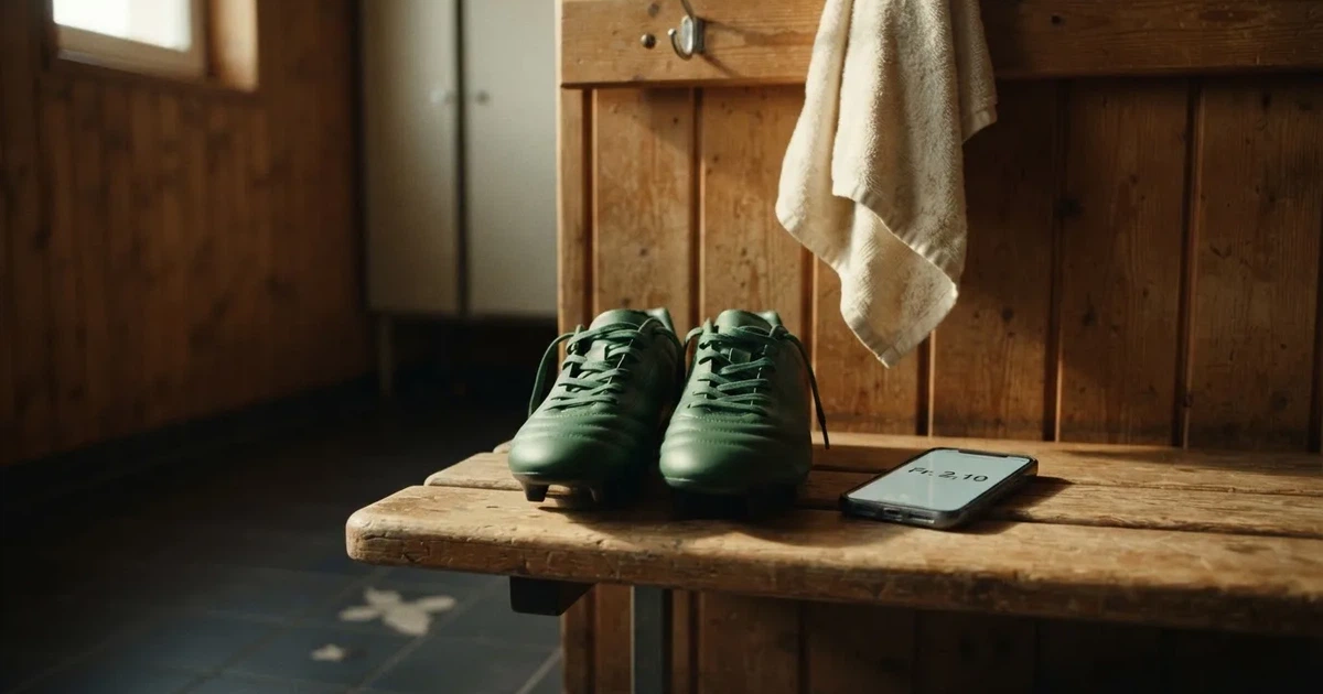 Zwei Fussballschuhe stehen nebeneinander auf einer Holzbank in einer leeren Umkleidekabine.