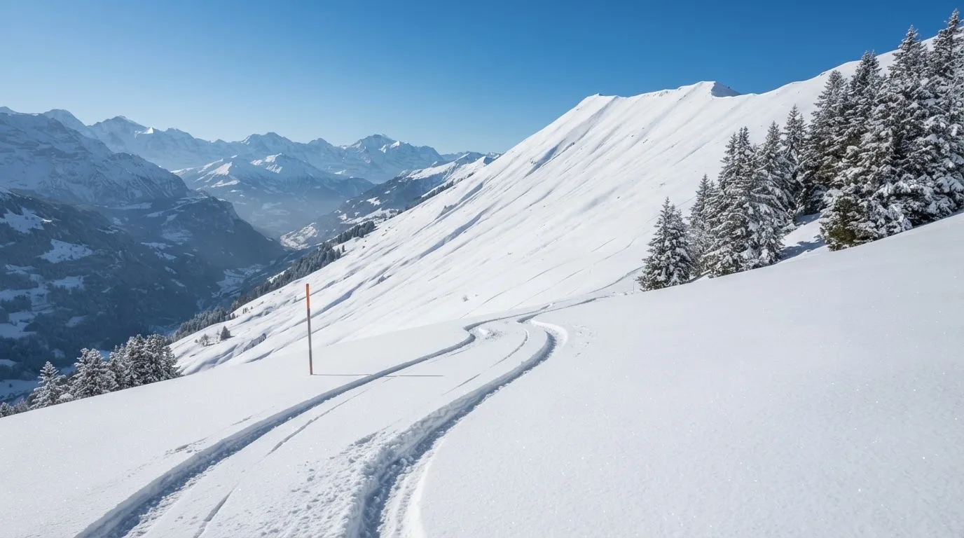 Ein Skihang mit frischen Spuren im Neuschnee unter blauem Himmel, am Rand stehen verschneite Tannen.