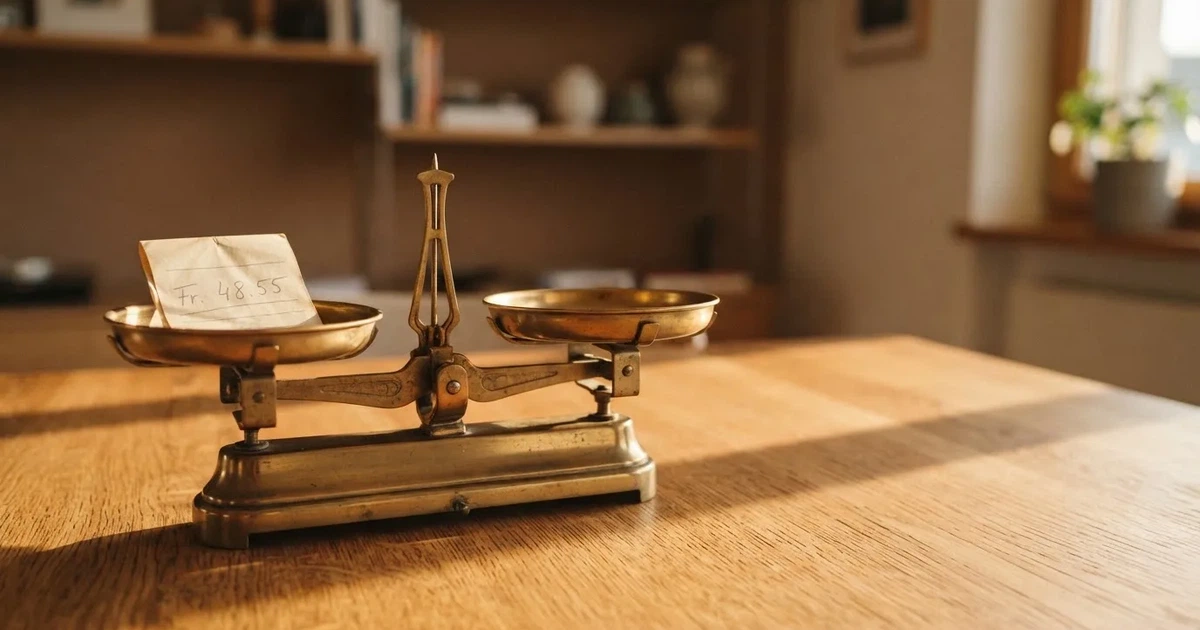 Eine Balkenwaage mit zwei Schalen steht auf einem Holztisch, in einer Schale liegen einige Münzen.