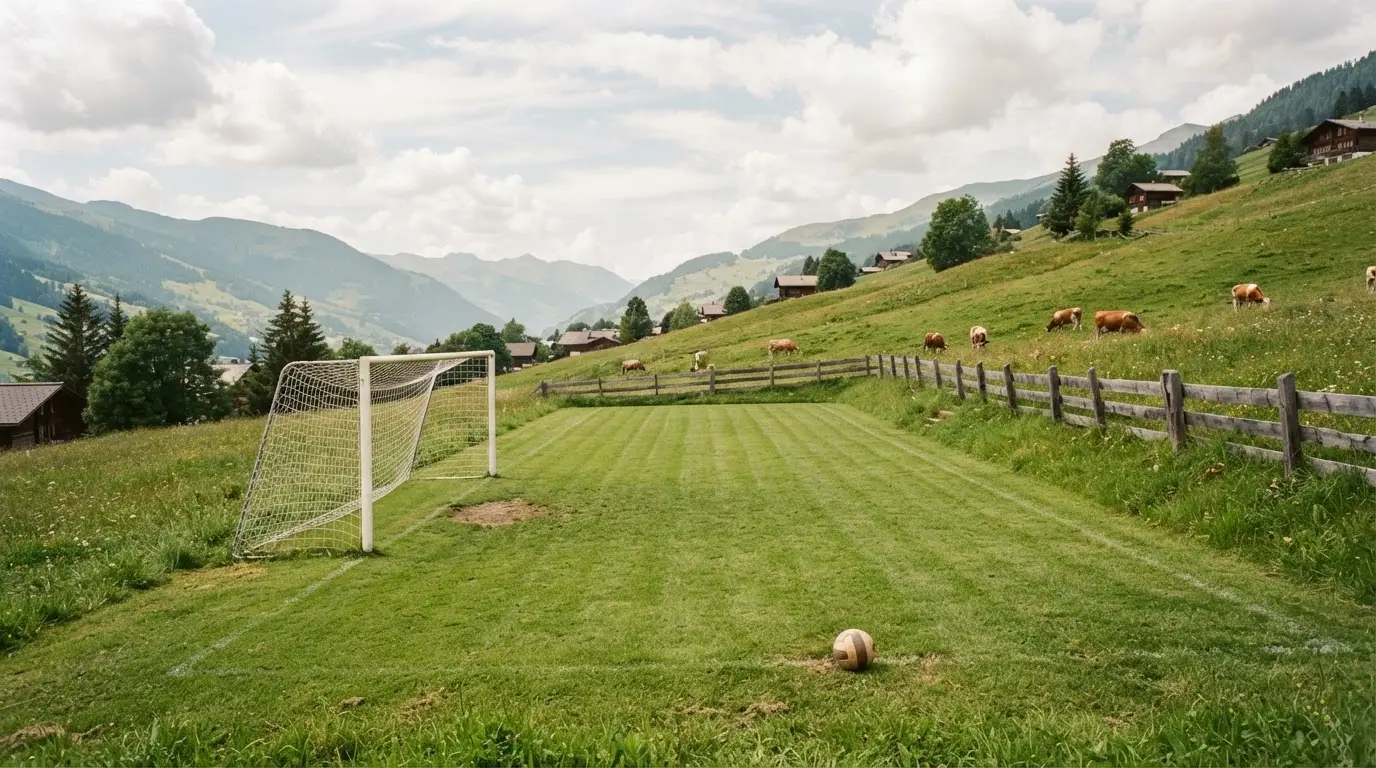 Ein Dorffussballplatz mit Holzzaun am Hang, dahinter grasen Kühe auf einer Weide unter hohen Wolken.