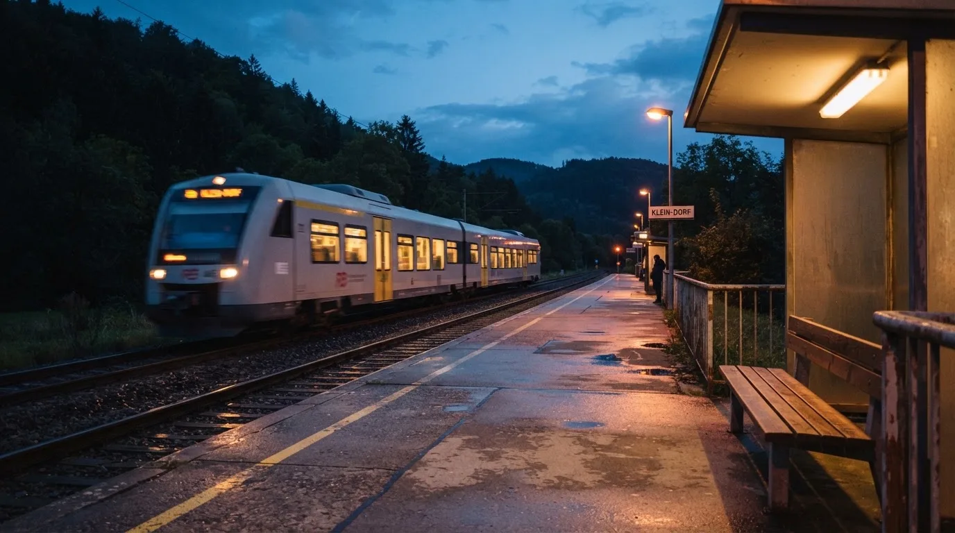Ein Bahnsteig in der Abenddämmerung, ein Regionalzug fährt unscharf ein und Lichter spiegeln sich auf dem nassen Beton.