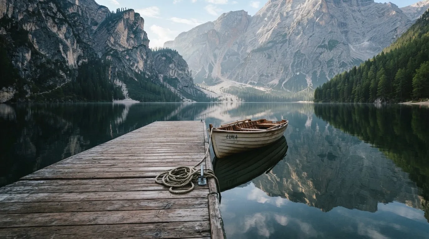 Ein schmales Ruderboot liegt an einem hölzernen Steg an einem Bergsee, dahinter steigen steile Felswände auf.