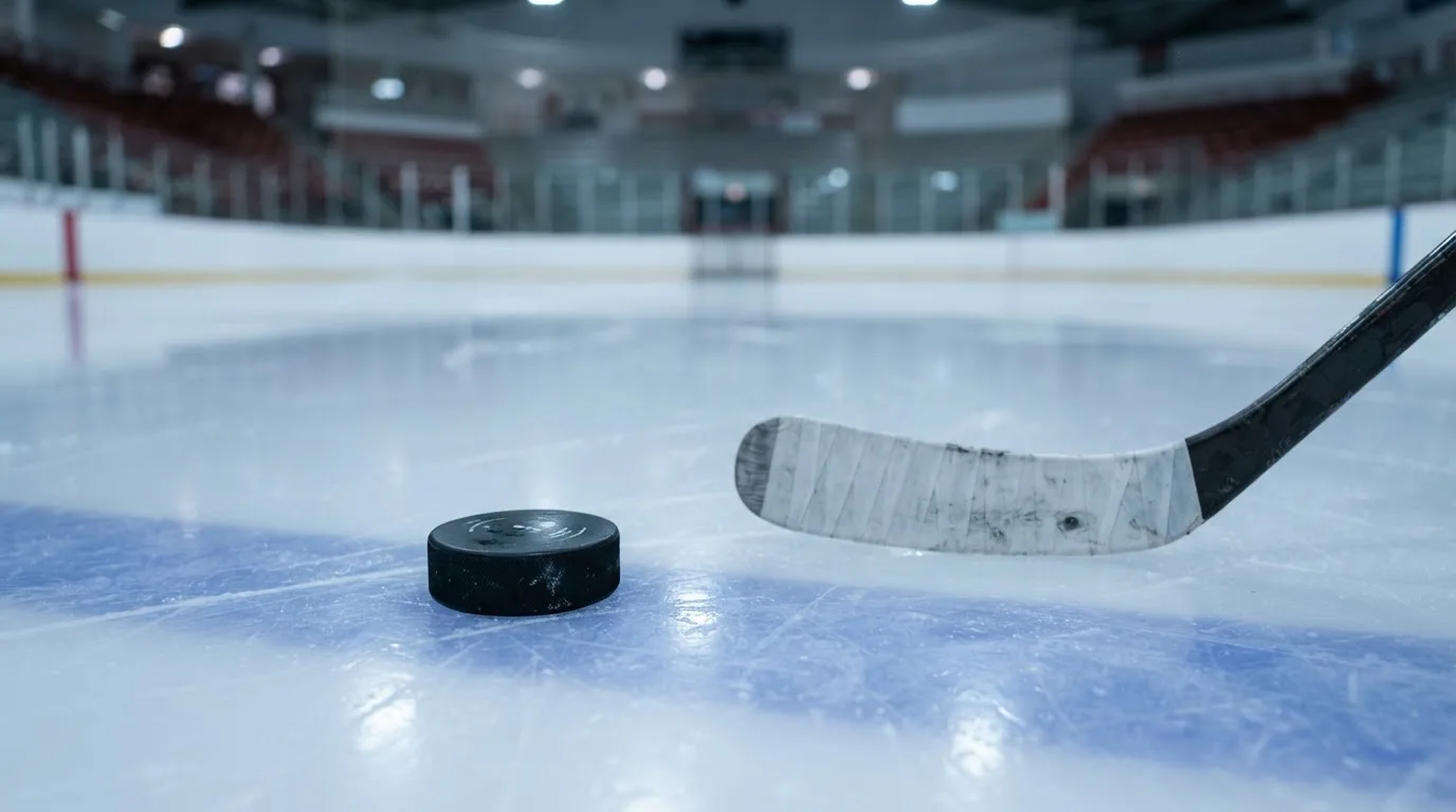 Ein Eishockeypuck und ein Schläger liegen auf einer glänzenden Eisfläche, im Hintergrund verschwimmen leere Banden.