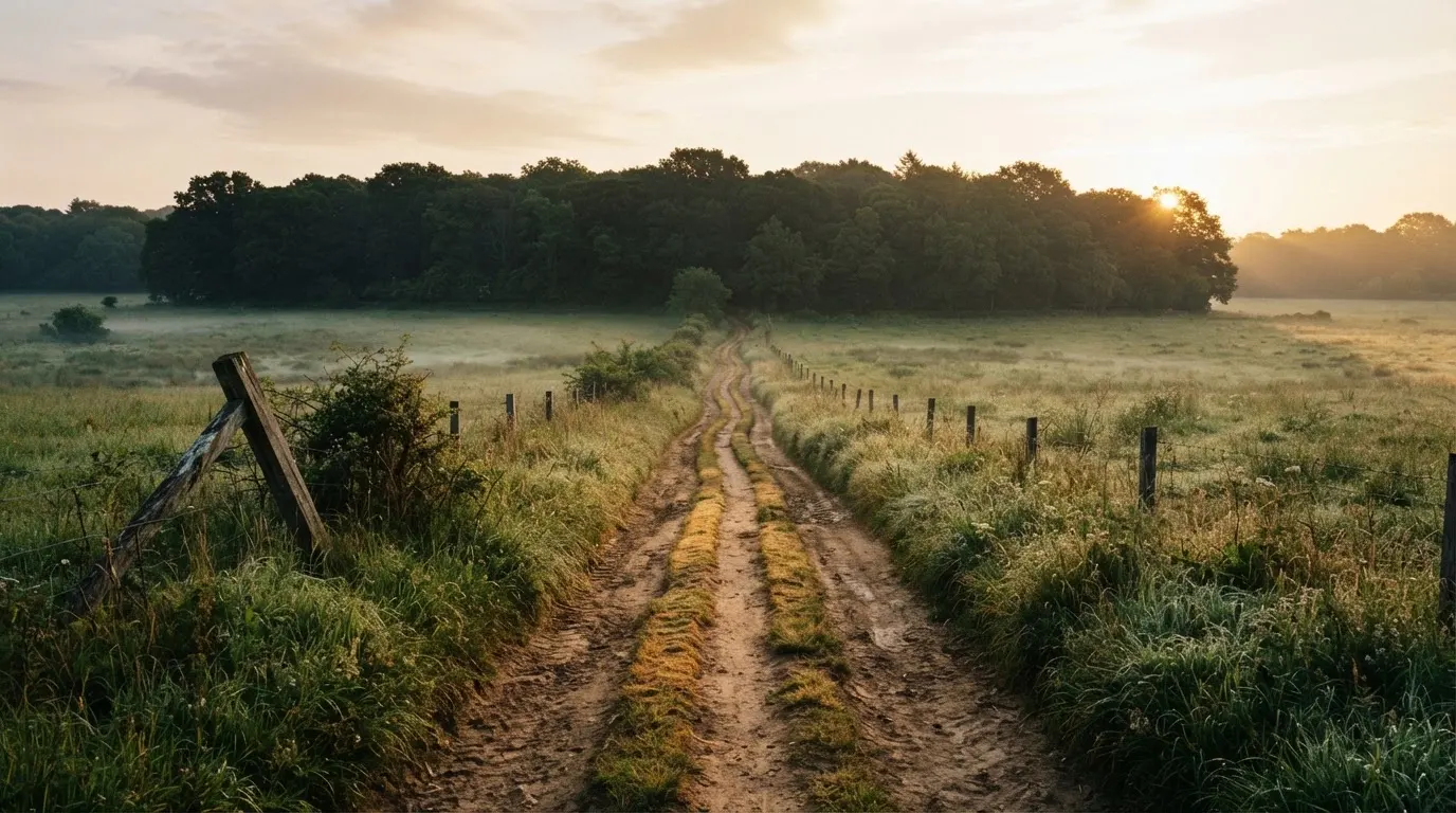 Ein Feldweg führt bei Sonnenaufgang zwischen Wiesen auf ein Waldstück zu.