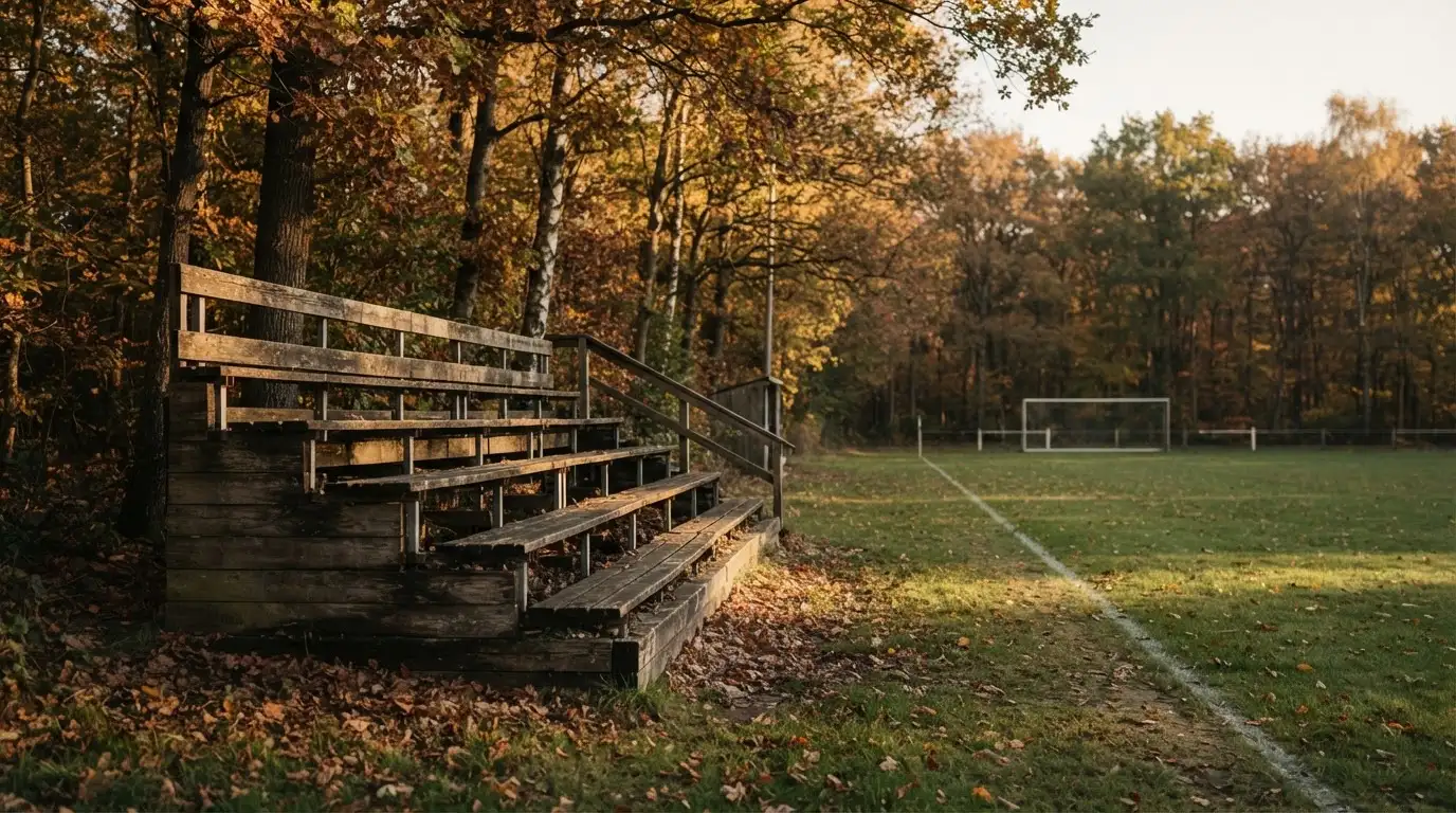 Eine leere Holztribüne steht am Waldrand neben einem kleinen Sportplatz im Herbstlicht.