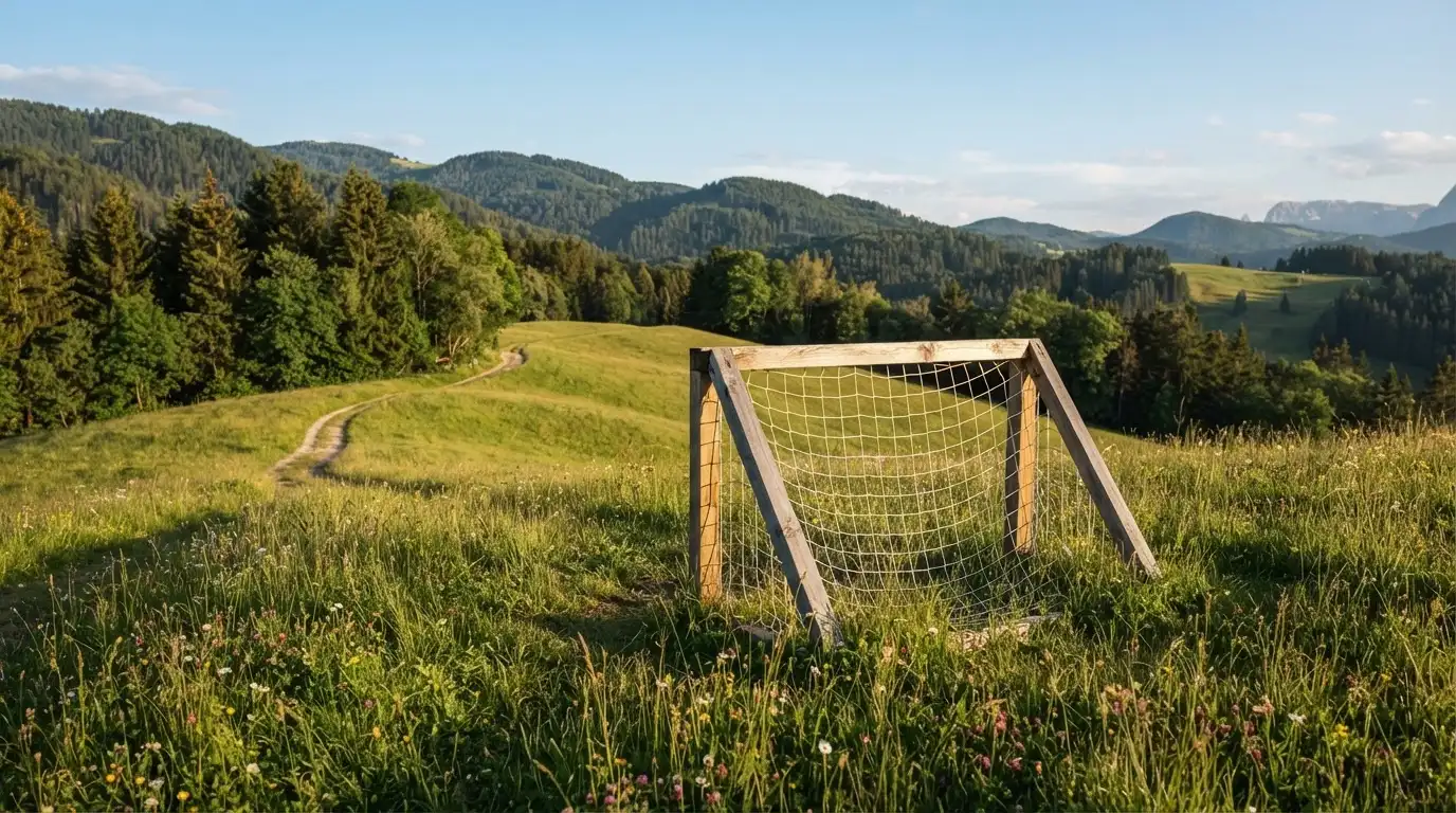 Eine Almwiese mit einem kleinen Holztor für Kinderfussball, dahinter erheben sich bewaldete Hänge im Nachmittagslicht.