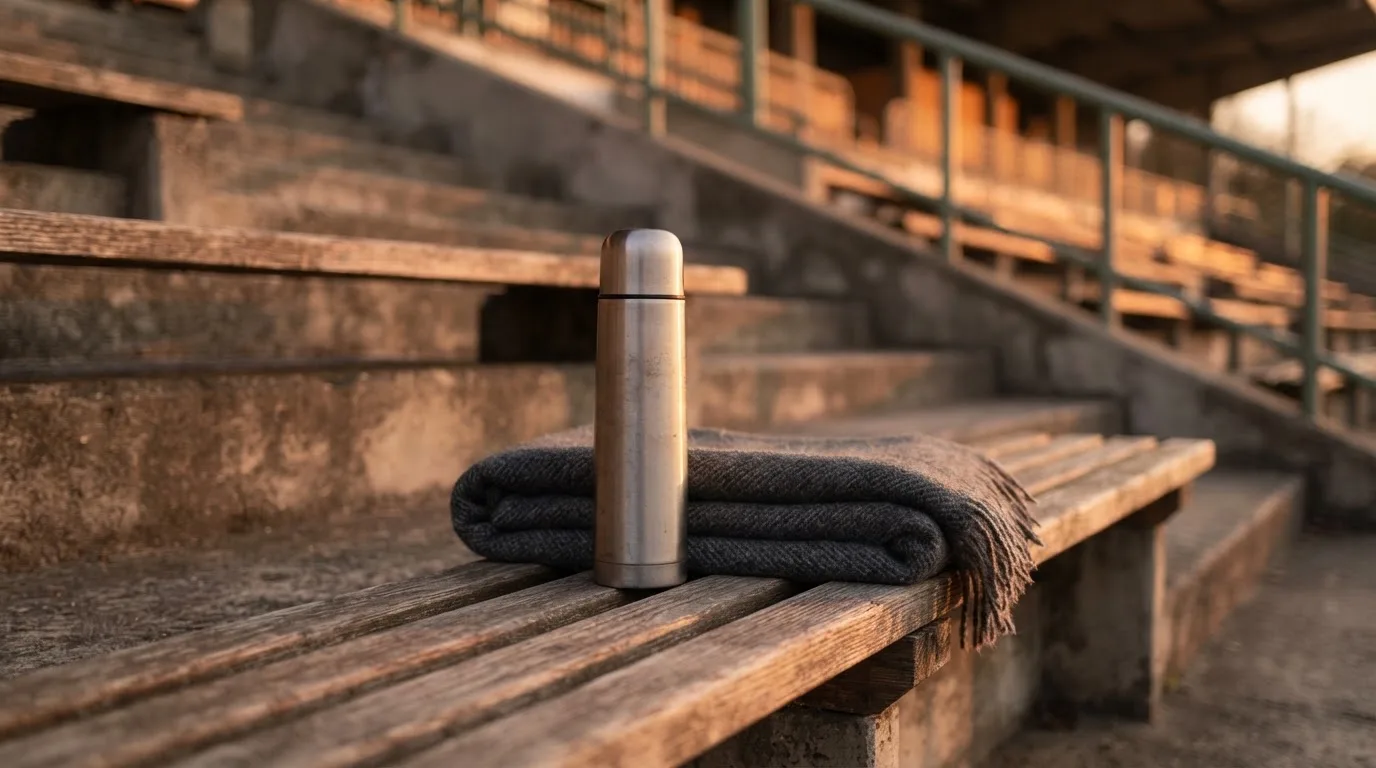 Eine Thermoskanne und eine zusammengelegte Wolldecke stehen auf einer leeren Stadionbank, die Sonne geht hinter den Rängen unter.
