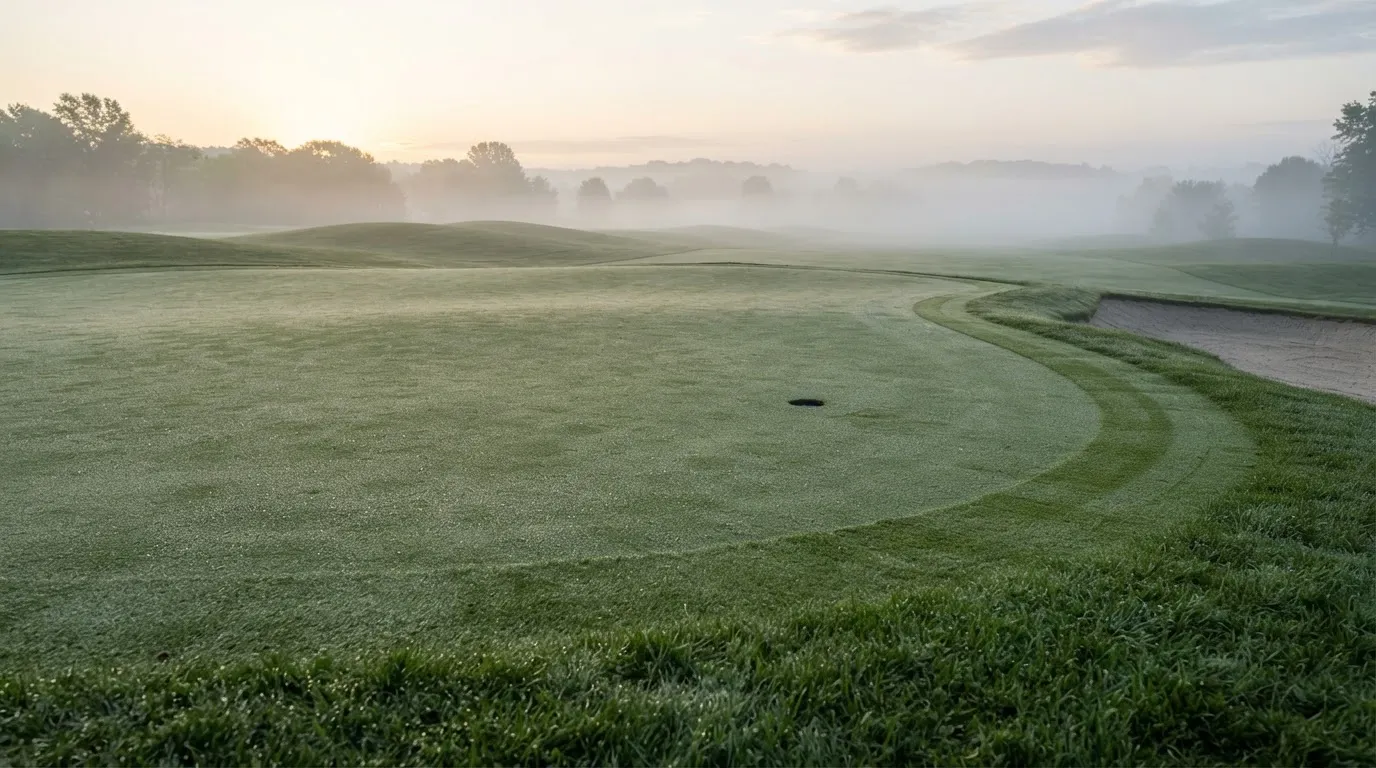 Ein Golfgrün bei Sonnenaufgang mit Tau auf dem Rasen, die Fahnenstange fehlt und im Hintergrund ziehen Nebelschwaden.