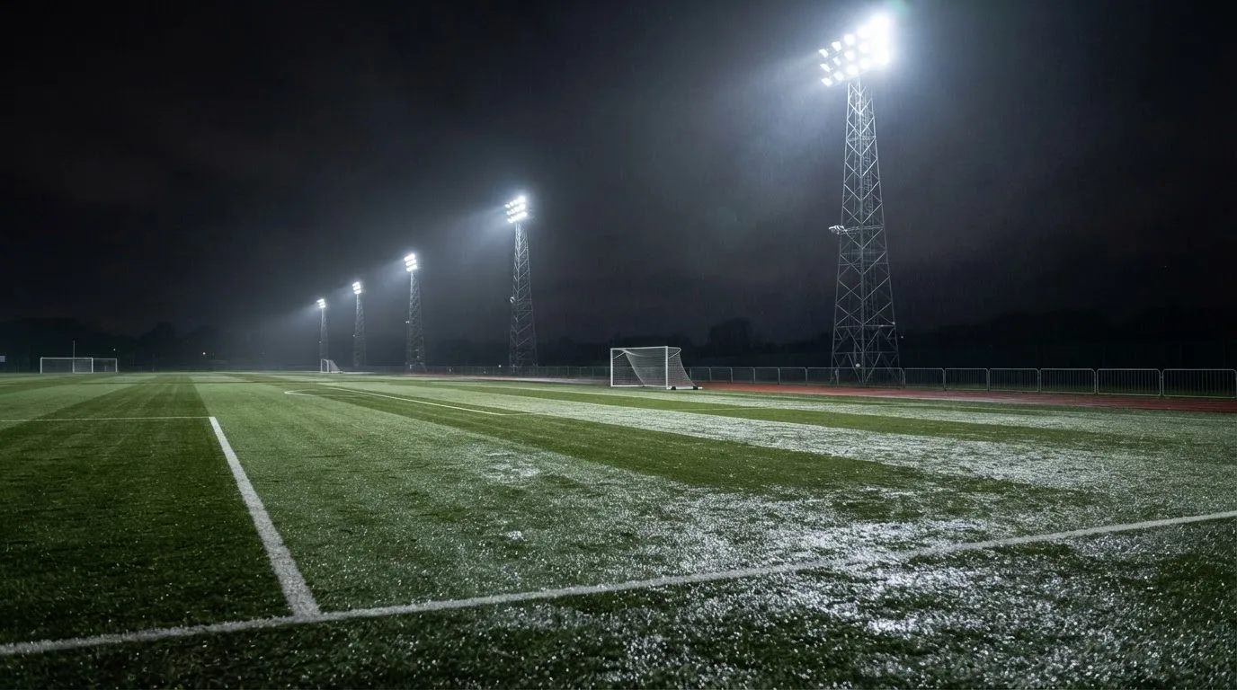 Hohe Flutlichtmasten ragen nachts über einen leeren Trainingsplatz, der Rasen glänzt im weissen Licht.