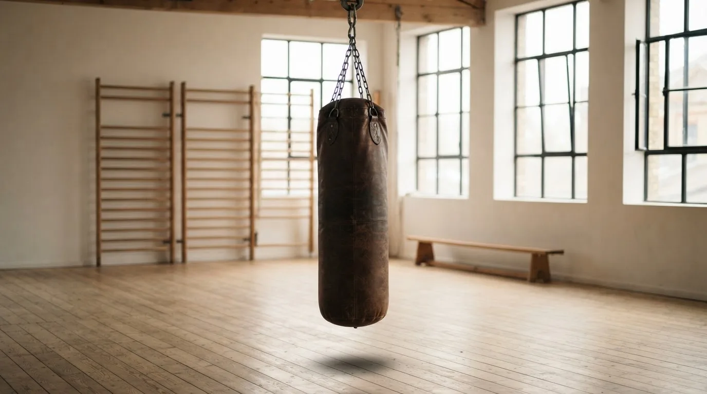 Ein Boxsack hängt an einer Kette in einem leeren Trainingsraum mit hellem Holzboden und grossen Fenstern.